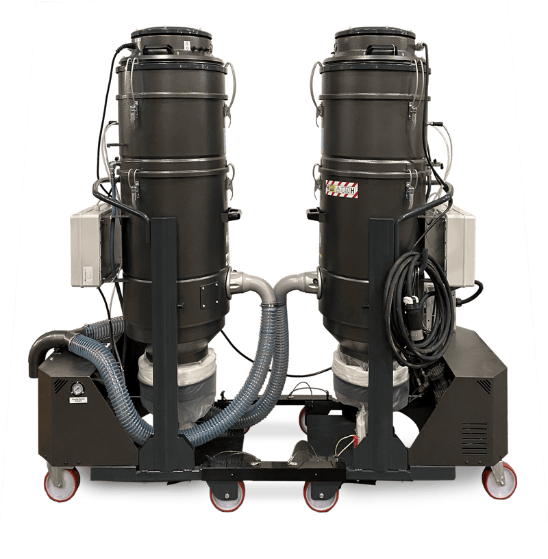 DL6000P dust collector, two collector towers paired on one wheeled frame with linking hoses