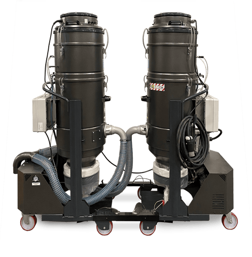 DL6000P dust collector, two collector towers paired on one wheeled frame with linking hoses