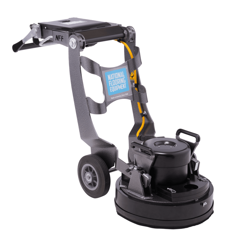 Helix planetary grinder with the handle lowered, showing the NFE cast bracket and the grinding head with twin lift handles