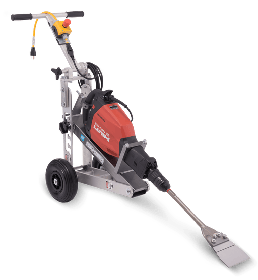 Power Hammer Trolley frame with a Hilti hammer mounted and a wide scraping blade at floor level