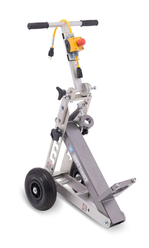 Power Hammer Trolley upright on its two wheels with the POWER HAMMER badge on the ramp and the switch box on the handle