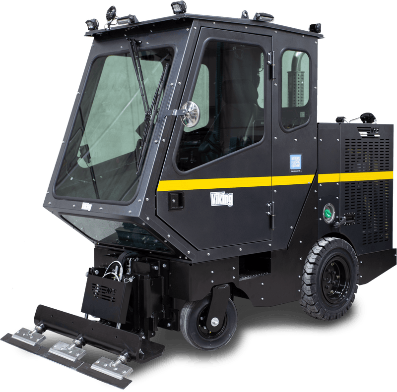 Viking ride-on road scraper with enclosed glazed cab, roof lights, yellow stripe and a multi-holder front blade bar