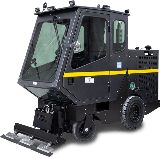 Viking ride-on road scraper with enclosed glazed cab, roof lights, yellow stripe and a multi-holder front blade bar