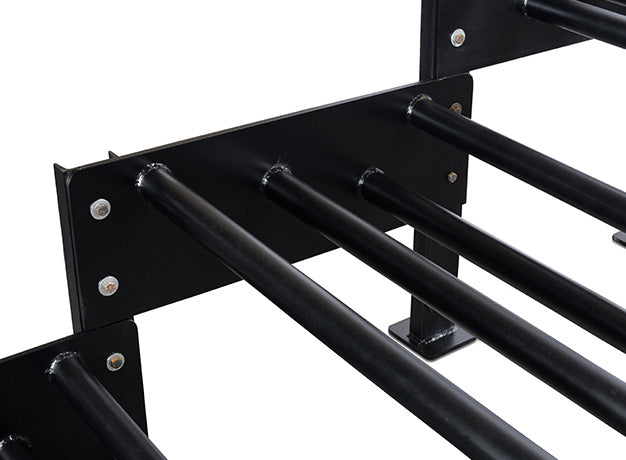 Two racks bolted together end to end to extend the run