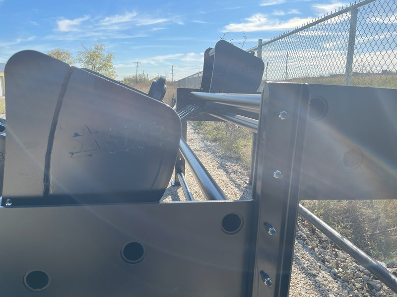 Close-up of the Star Industries end plates and bolt holes on two adjoining racks