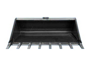 Extreme duty skid steer bucket front view fitted with pin-on teeth across the full width
