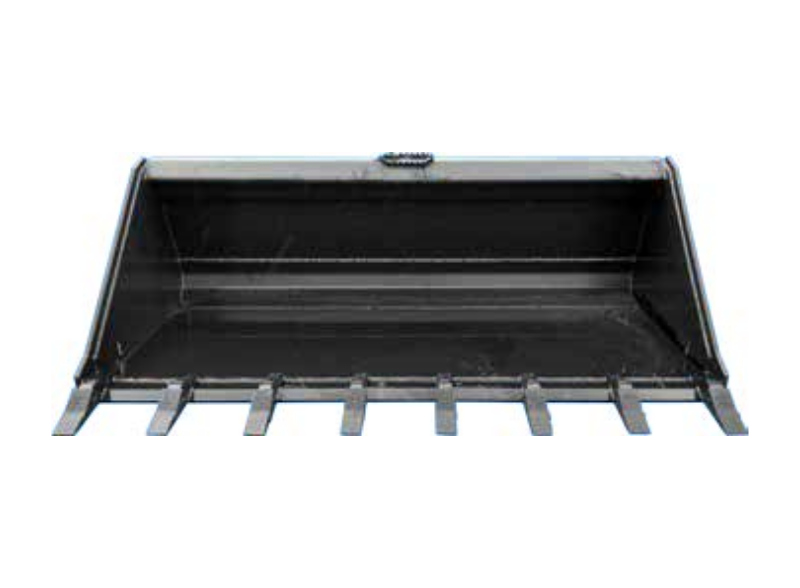 Extreme duty skid steer bucket front view fitted with pin-on teeth across the full width