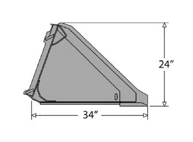 Dimensioned side profile of the extreme duty bucket marked 24 inches high and 34 inches deep