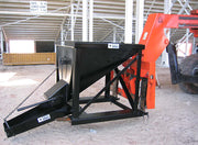 Concrete hopper carried on a telehandler, chute and gate lever visible
