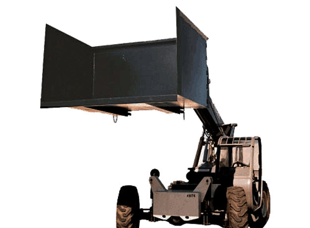 Trash hopper raised on a telehandler boom, ready to travel