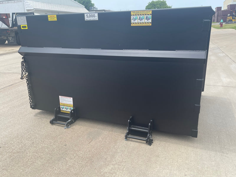 Full side view of the trash hopper in the yard with both fork pockets and chains