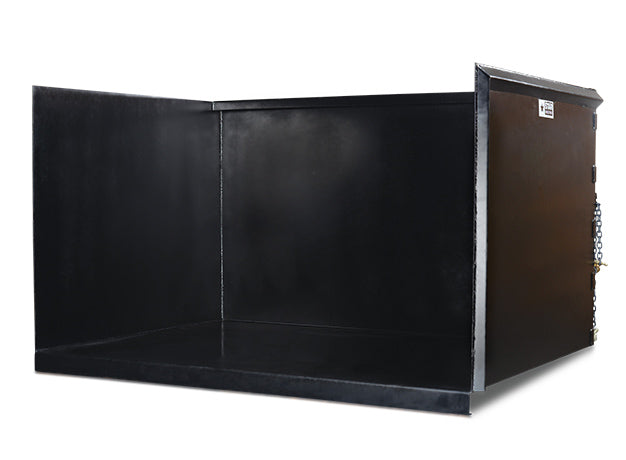 Trash hopper from the open front, plate sides and reinforced edges visible