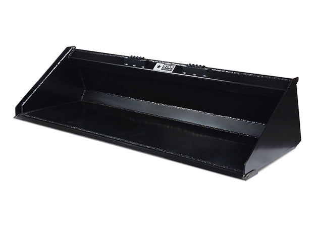 Star Industries heavy duty low profile skid steer bucket, angled studio view with a plain cutting edge