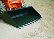 Toothed heavy duty bucket on an orange skid steer working loose sand