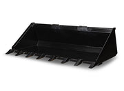 Heavy duty skid steer bucket fitted with pin-on teeth across the leading edge