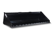 Heavy duty skid steer bucket with the reversible bolt-on blade fitted, bolt heads visible along the edge