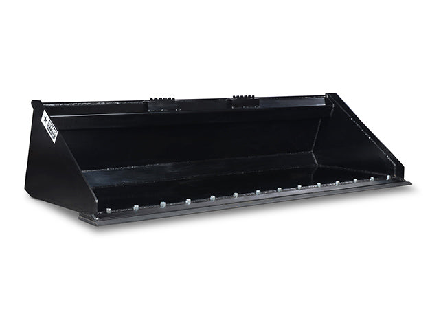 Heavy duty skid steer bucket with the reversible bolt-on blade fitted, bolt heads visible along the edge