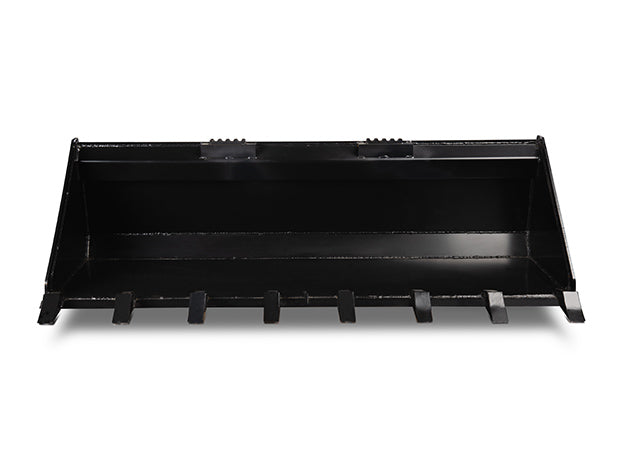 Rear of the heavy duty skid steer bucket showing the scuff bars across the underside and the quick-tach