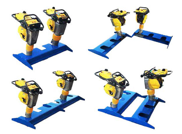 Four rammer stand layouts, in a line, back to back, in an L and as a square