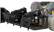 Star Industries root grapple bucket on a skid steer, three grapple arms raised above the separated bottom tines