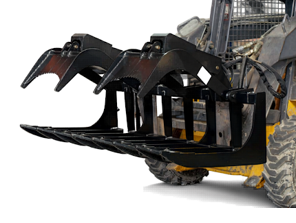 Root grapple bucket mounted on a skid steer with the grapple arms open and the tine floor visible beneath