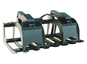 Root grapple bucket studio view showing the curved plate side, the separated bottom tines and the serrated grapple arm tips