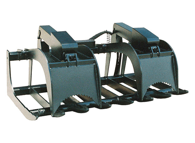 Root grapple bucket studio view showing the curved plate side, the separated bottom tines and the serrated grapple arm tips