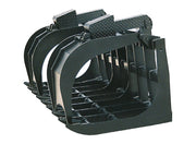 Root grapple bucket from the front quarter, diamond plate arm tops and the full run of bottom tines below the grapple arms