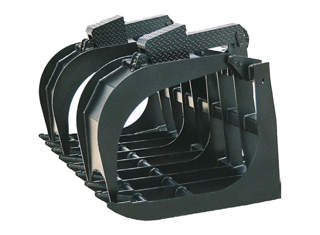 Root grapple bucket from the front quarter, diamond plate arm tops and the full run of bottom tines below the grapple arms