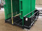 Scaffold pallet loaded with frames and strapped down, brace basket at the end