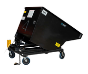 Star Industries self-dumping hopper tipped forward on its pivot with the release linkage exposed