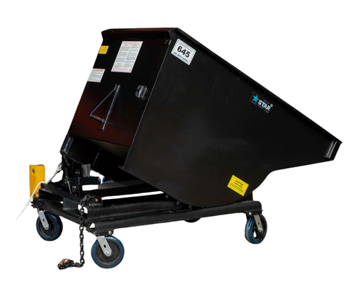 Star Industries self-dumping hopper tipped forward on its pivot with the release linkage exposed