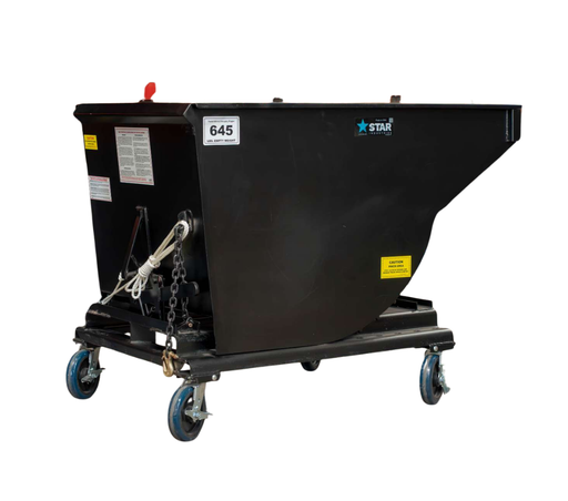Self-dumping hopper upright on its casters with the release rope and safety chain