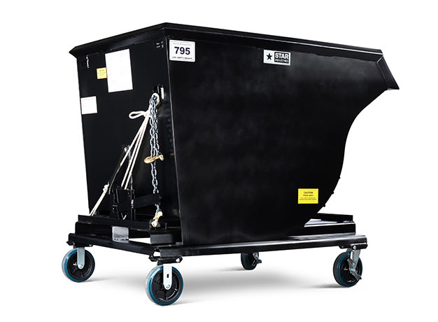 Larger self-dumping hopper standing square on four casters
