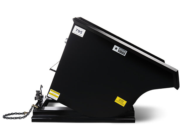 Side elevation of the self-dumping hopper showing the tapered body and the tilt pivot