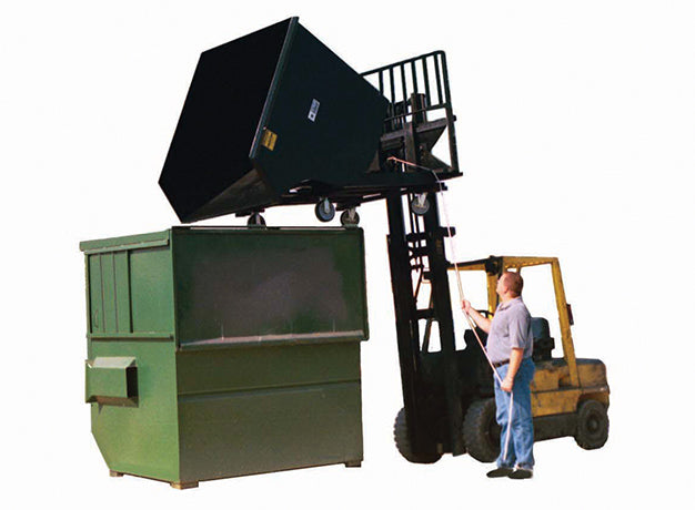 Forklift tipping a self-dumping hopper into a dumpster with the operator on the release rope