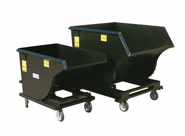 Two self-dumping hoppers of different sizes standing side by side