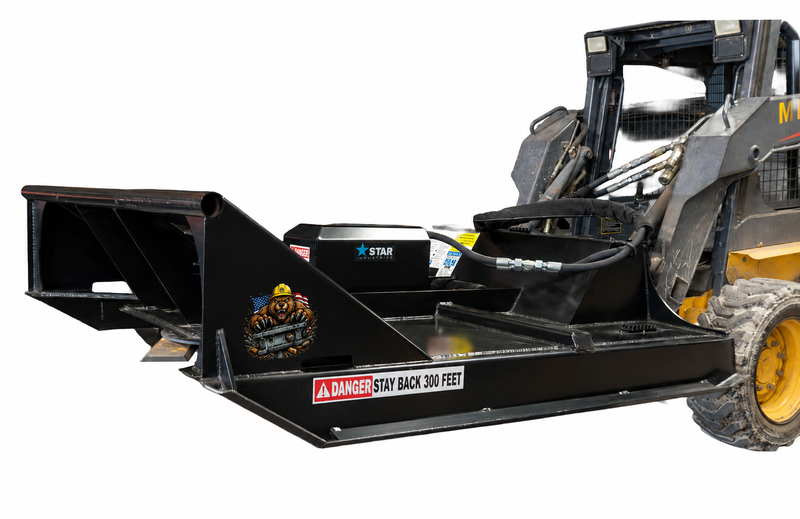 Star Industries skid steer brush cutter mounted on a skid steer, open front deck with the danger stay back decal along the edge