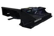 Skid steer brush cutter deck on a plain background, Star decal on the motor housing and the danger stay back decal on the front skirt