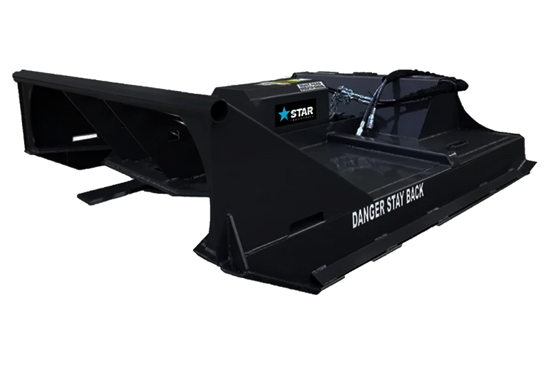Skid steer brush cutter deck on a plain background, Star decal on the motor housing and the danger stay back decal on the front skirt