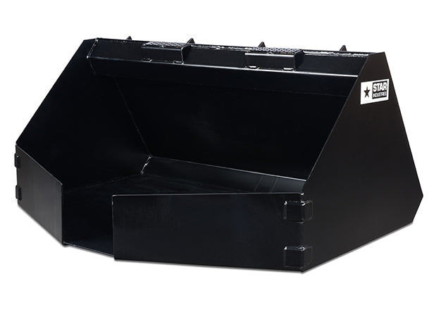 Star Industries skid steer concrete placement bucket, angled view with the discharge chute at the front corner