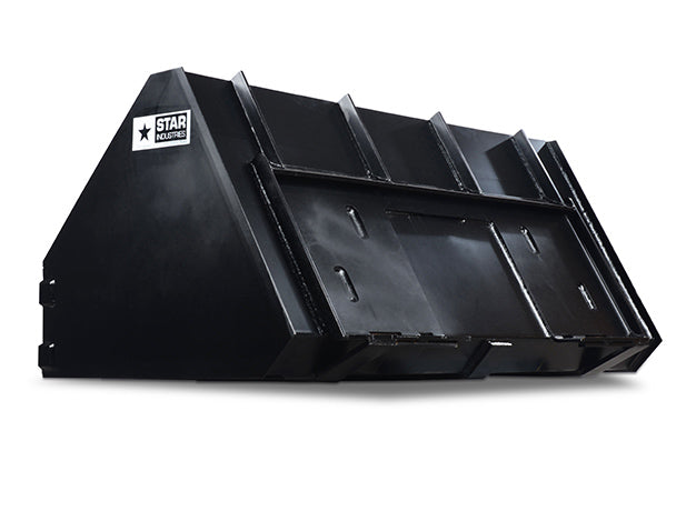 Rear of the concrete placement bucket showing the reinforcing ribs and the quick-tach plate