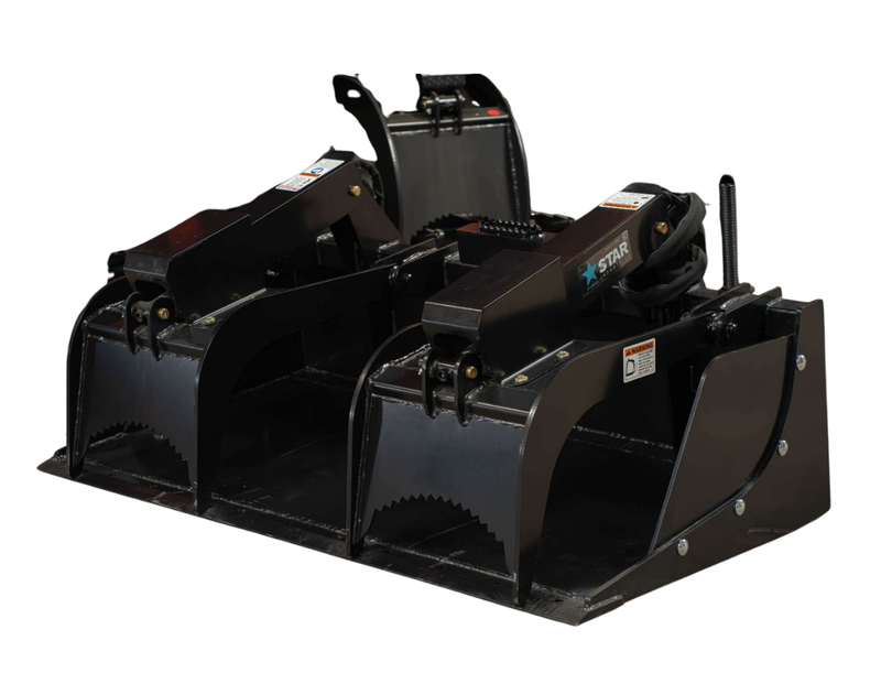 Star Industries skid steer grapple bucket, angled studio view with both grapple arms closed over the solid bucket and the Star decal on the cross tube