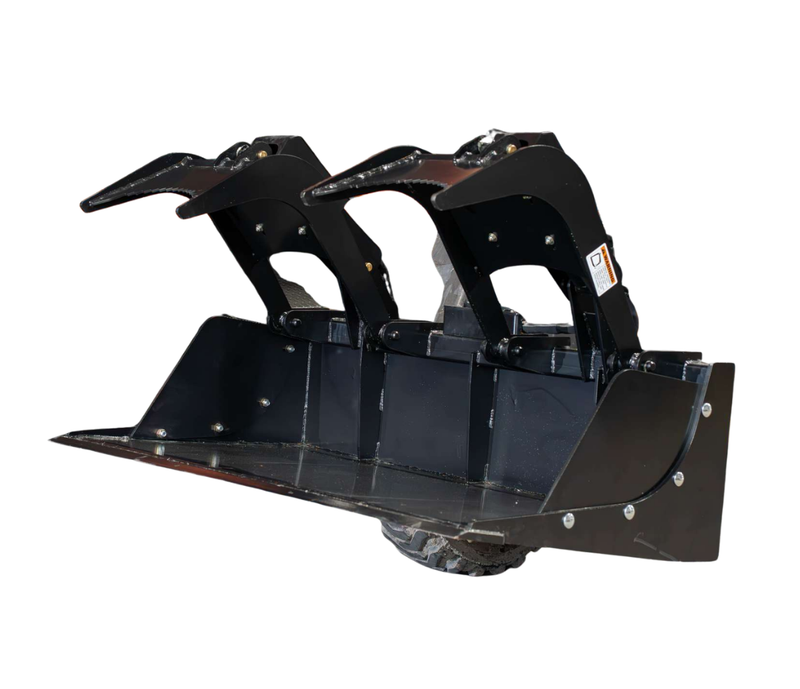 Grapple bucket from the front with the arms raised, showing the smooth bucket floor and the end plates at each side