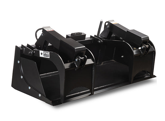 Grapple bucket studio three-quarter view, serrated arm tips resting on the bucket lip