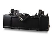 Rear of the grapple bucket showing the quick-tach back plate and the hose routing