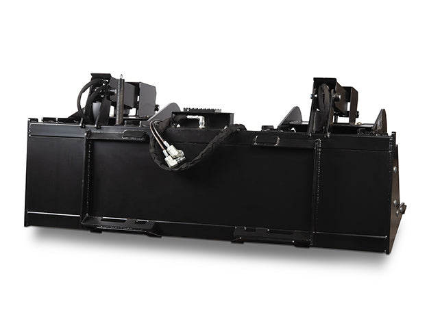 Rear of the grapple bucket showing the quick-tach back plate and the hose routing