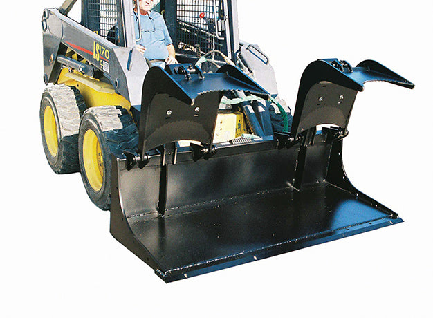 Grapple bucket on a New Holland skid steer with the arms opened wide above the bucket floor