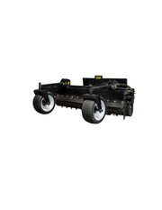 Star Industries skid steer power rake standing on its gauge wheels, full unit seen from the front quarter