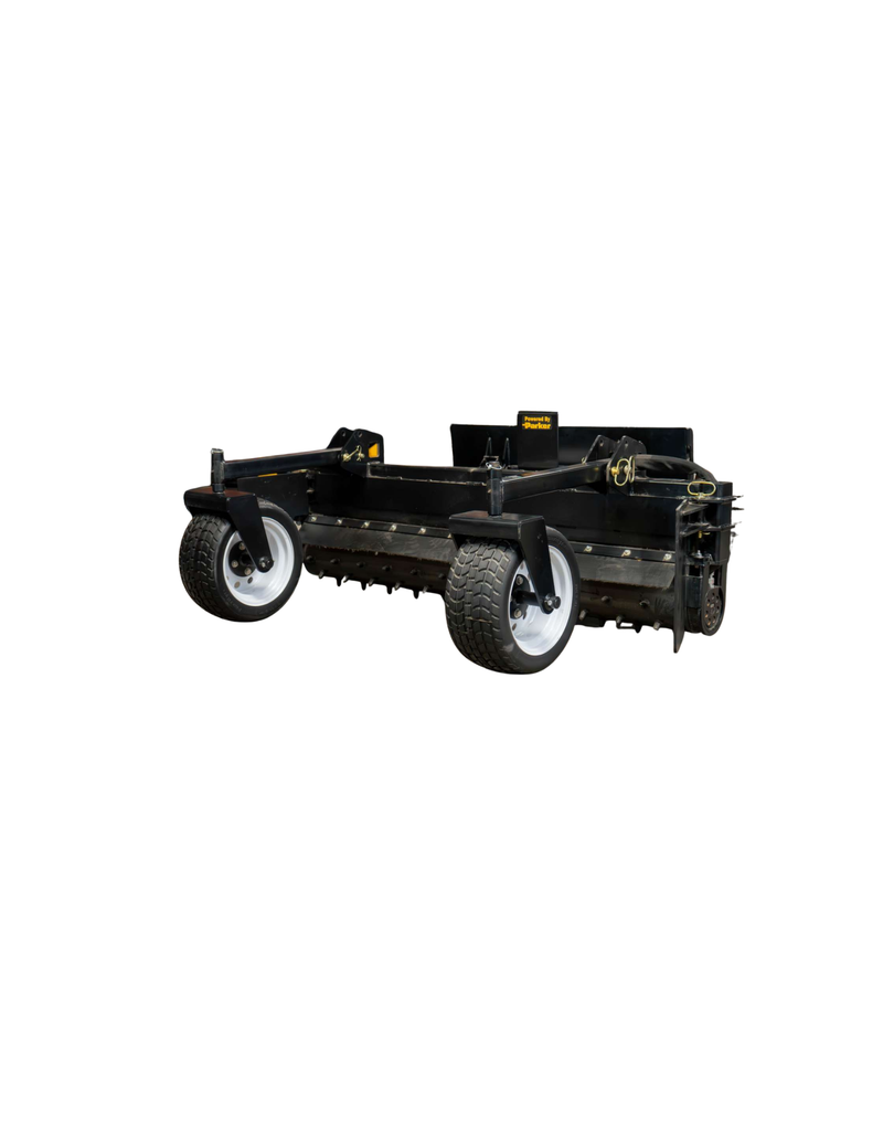 Star Industries skid steer power rake standing on its gauge wheels, full unit seen from the front quarter